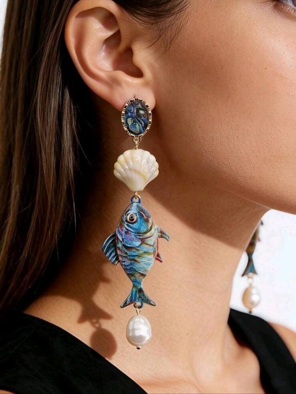 NEW! Stunning Gold Blue Fish Enamel & Shell Drop Post Earrings W/ Baroque Pearl